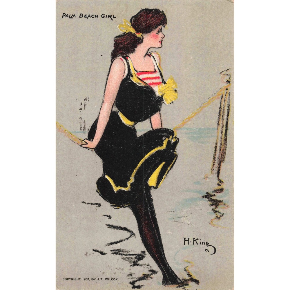 Bathing Beauty Palm Beach Girl Postcard H King 1907 JT Wilcox Antique Risque